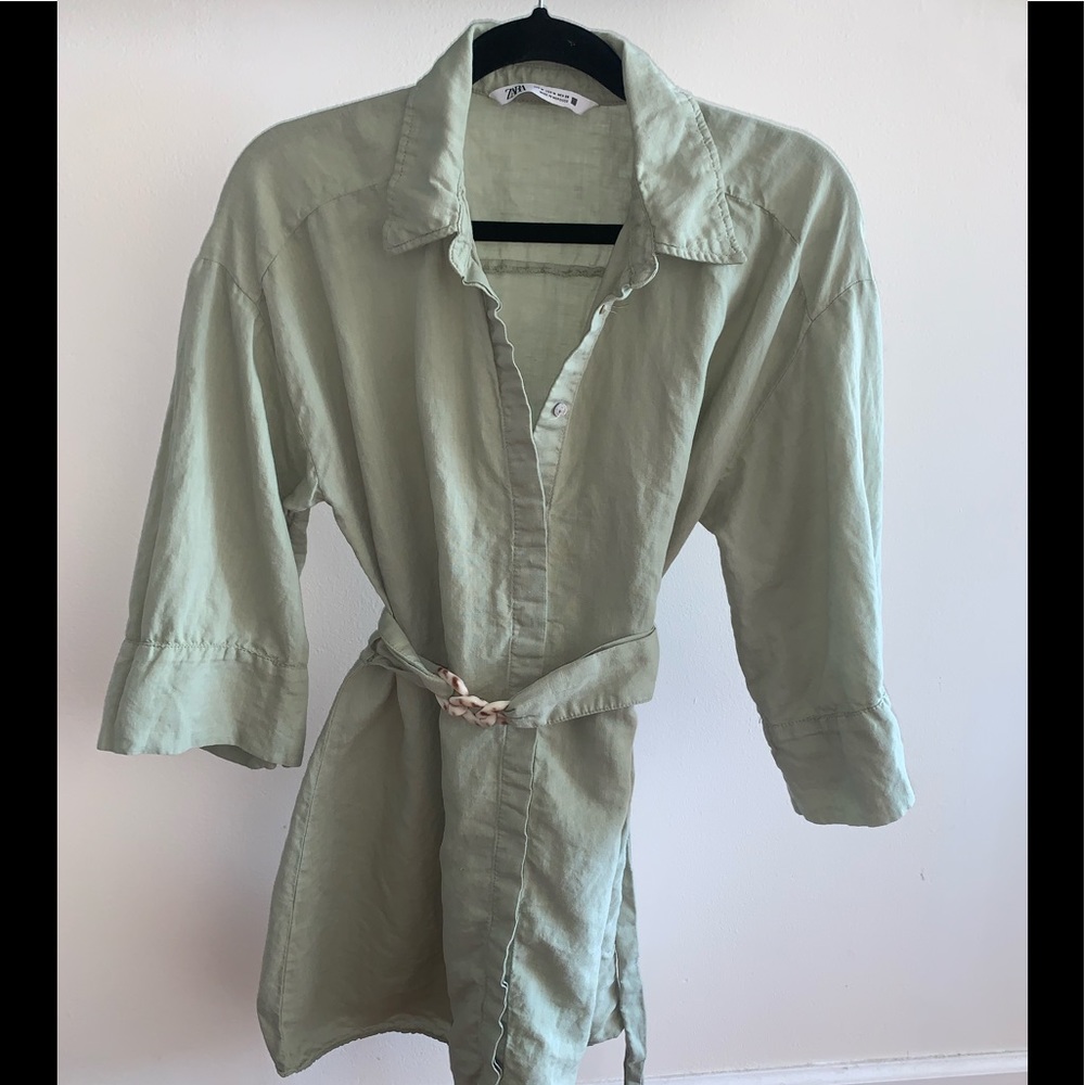 Zara Sage Linen Blend Belted Shirtdress
